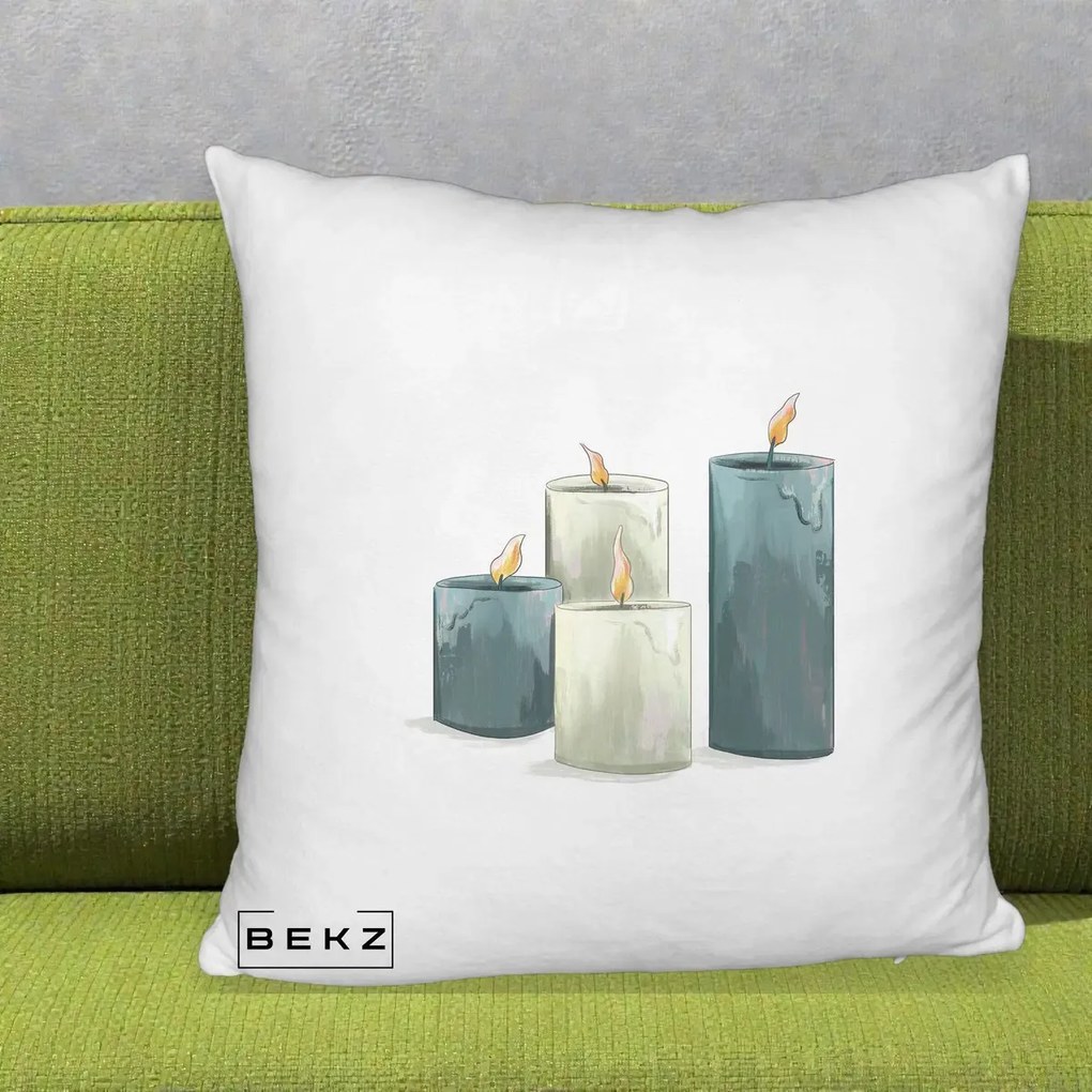 Perna Decorativa Lumanari Hygge Alb-Verde, 40x40 cm, Alb Pufos, Husa Detasabila, Perna Inclusa, BEKZ®