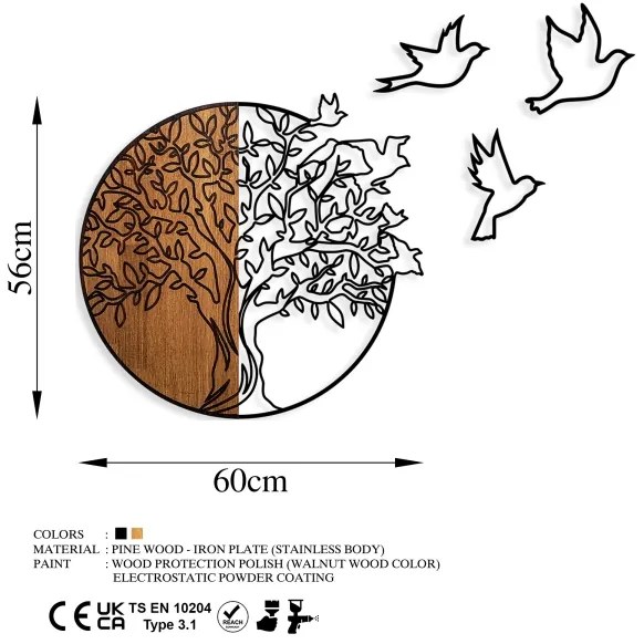 Decorațiune de perete 60x56 cm lemn/metal copac și păsări