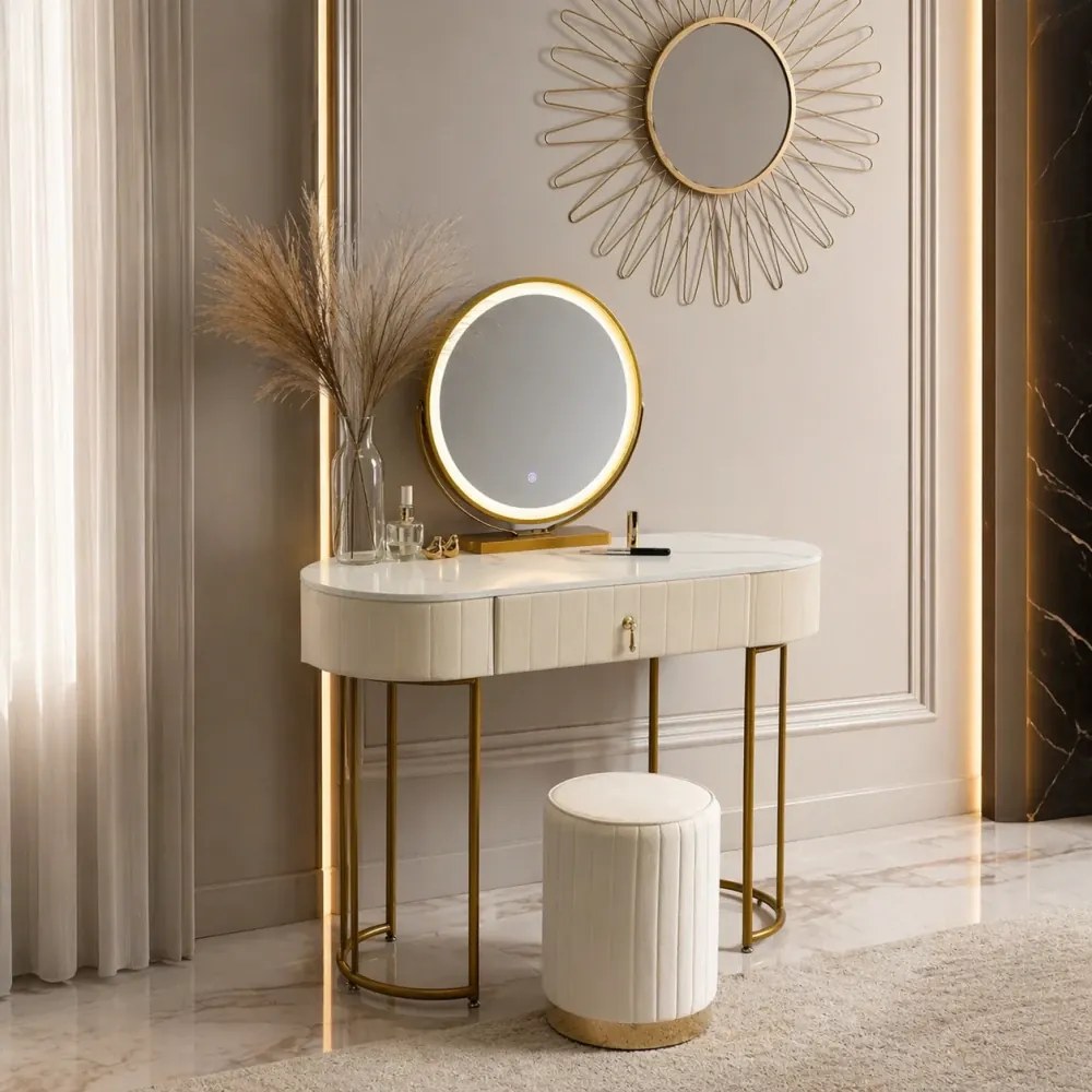 Set ASHLEY, Masă de toaletă pentru machiaj cu oglindă iluminată LED, control touch, sertar, taburet, 100x40x76 cm, Bej/Auriu