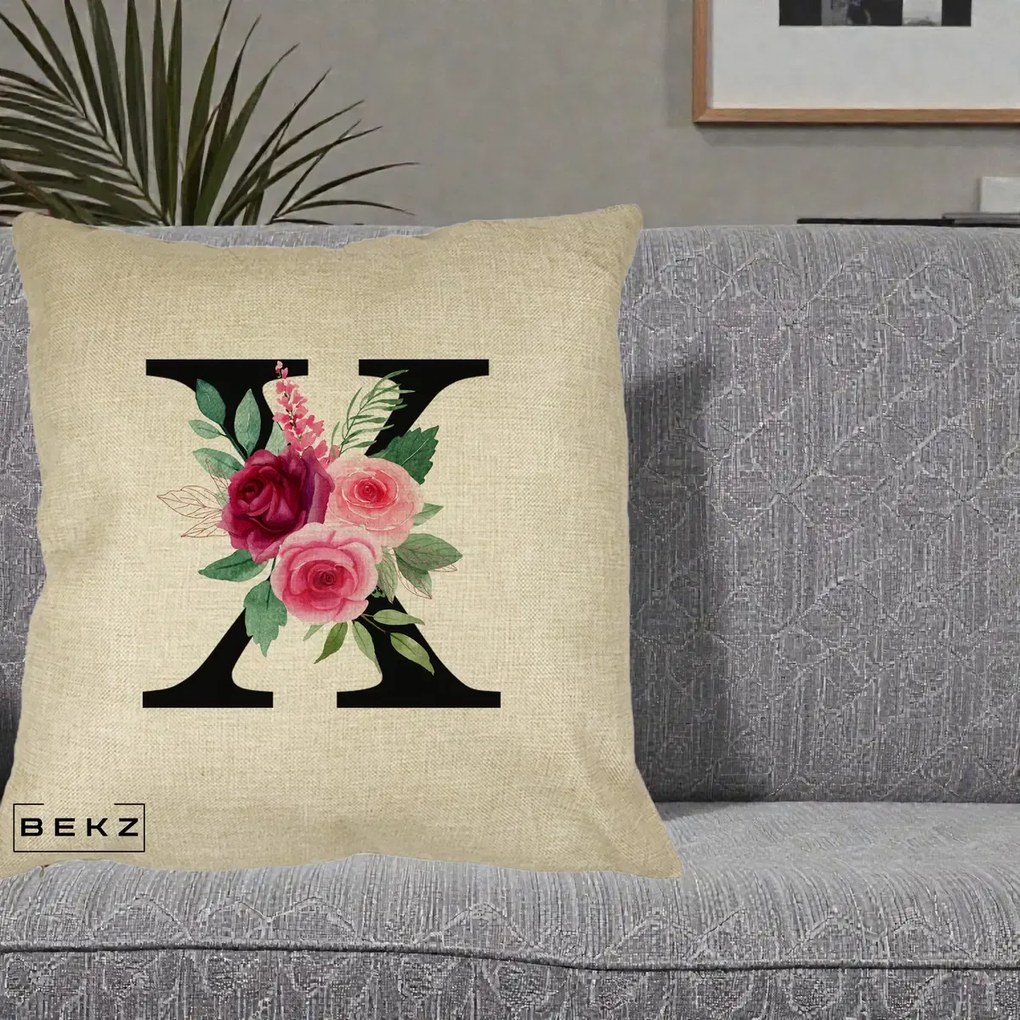 Cadou Personalizat - Perna Personalizata Monograma Florala Litera X cu Buchet, 40x40 cm, Crem, Husa Detasabila, Perna Inclusa, BEKZ®