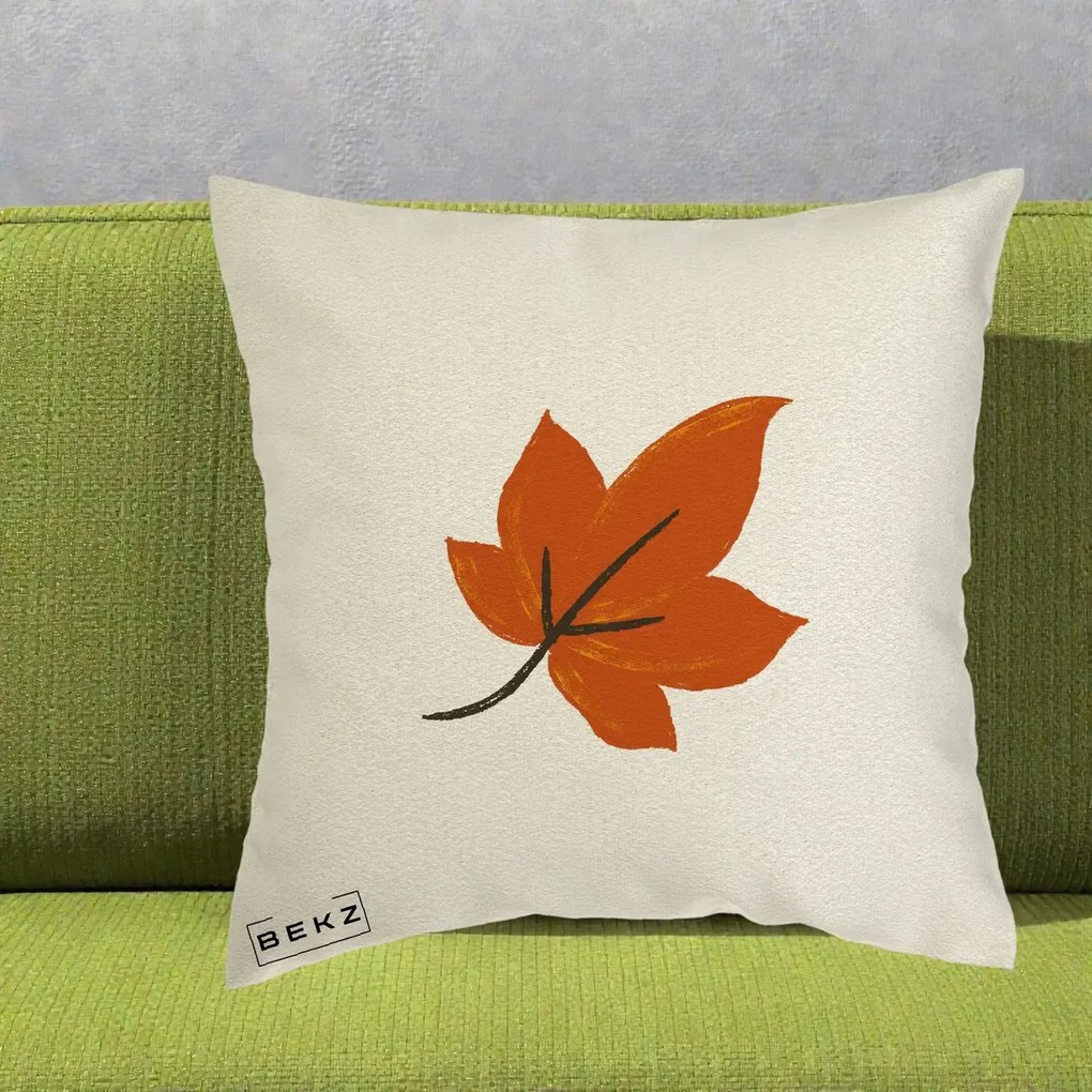 Perna Decorativa Frunza de Toamna Portocalie, 40x40 cm, Ecru, Husa Detasabila, Perna Inclusa, BEKZ®