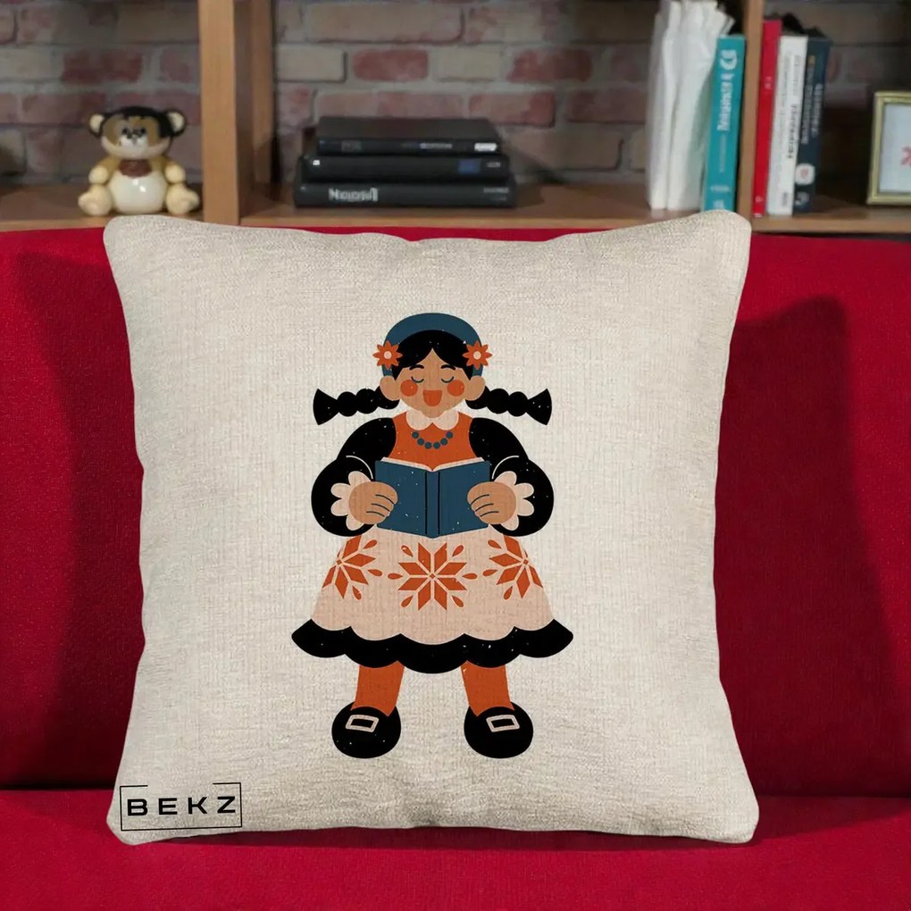 Perna Personalizata Fetita cu Carte Ilustratie Folk, 40x40 cm, Bej Canapea, Husa Detasabila, Perna Inclusa, BEKZ®