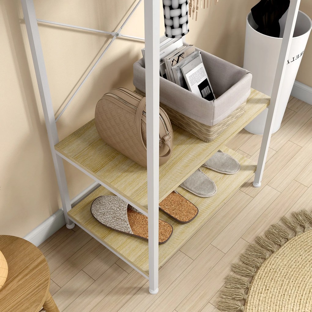 HOMCOM Portmanta cu șină și 2 rafturi pentru pantofi 60L x 40l x 167,5H cm Aspect de lemn deschis și metal alb | Aosom Romania