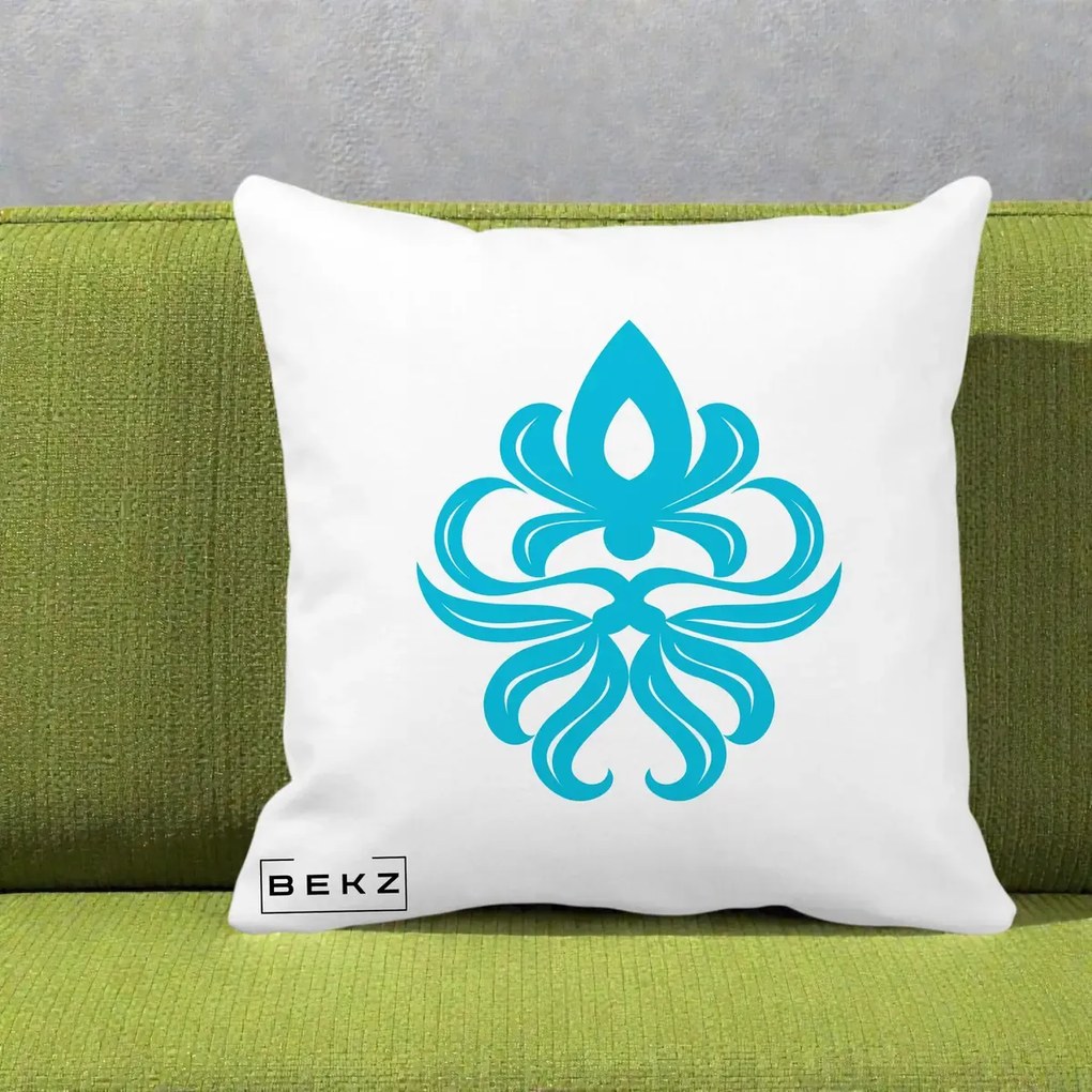 Perna Decorativa Ornament Turcoaz Fleur de Lis, 40x40 cm, Alba Mata, Husa Detasabila, Perna Inclusa, BEKZ®