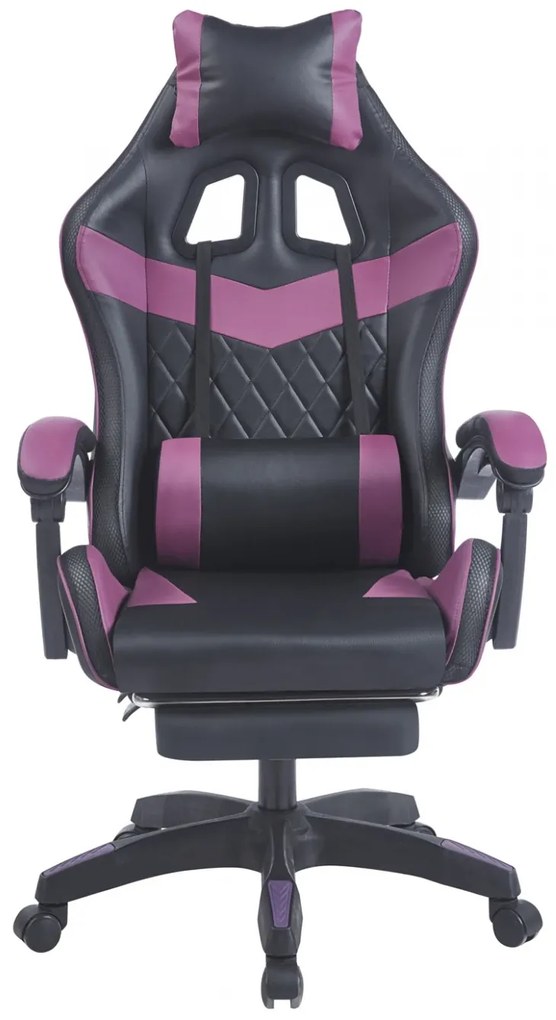 Scaun gaming, sistem iluminare bandă LED RGB, masaj în perna lombară, suport picioare, Negru/Mov