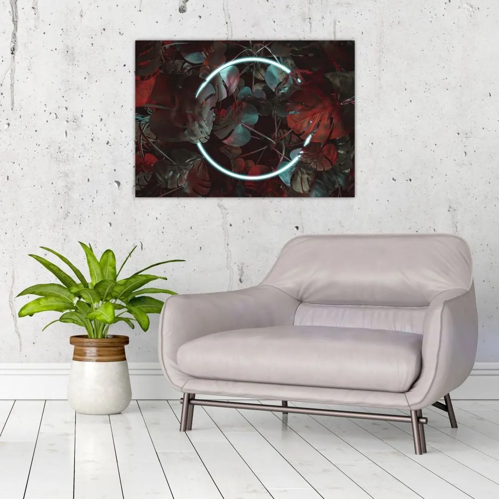 Tablou pe sticlă - Cerc de neon între palmieri (70x50 cm)