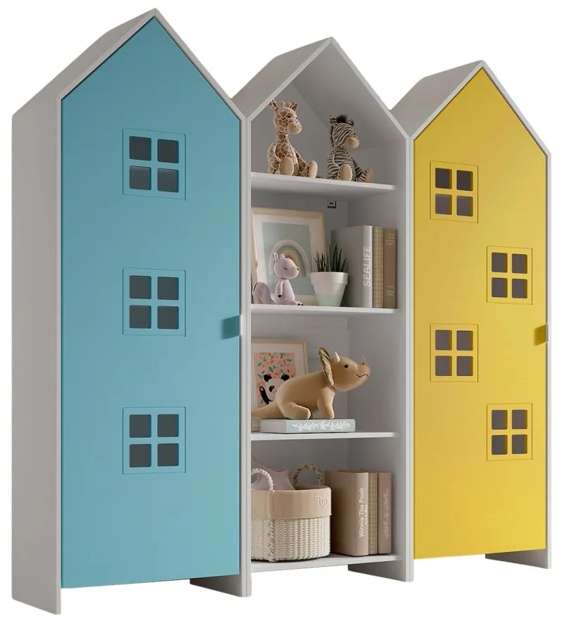 Set 3 dulapuri pentru copii Casami tip colibă de plajă – 1 deschis, 1 cu ușă Galben Strălucitor și 1 cu ușă Albastru – Vipack