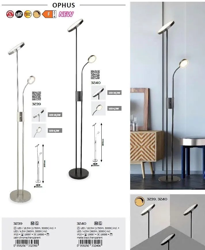 Lampadar LED, lampa de podea design modern Ophus negru mat
