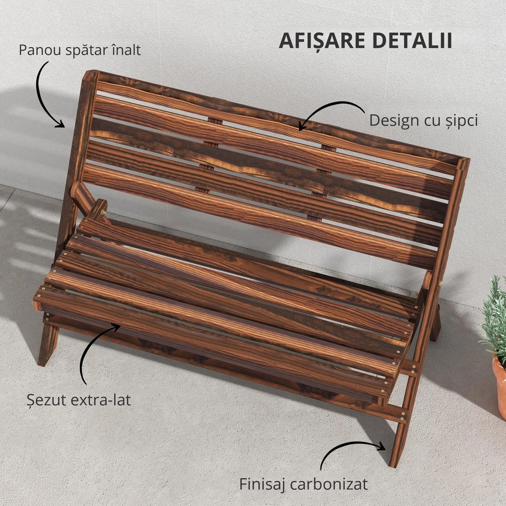 Outsunny Bancă de Exterior din Lemn pentru 2 Persoane, Bancă Pliabilă cu Spătar și Șezut cu Șipci, Bancă pentru Patio, Finisaj Carbonizat | Aosom Romania