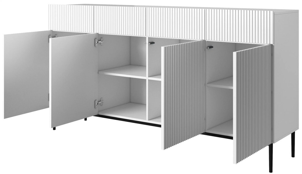 Comodă cu patru uși Nicole 200 cm cu sertare, fronturi riflate - alb mat / picioare negre