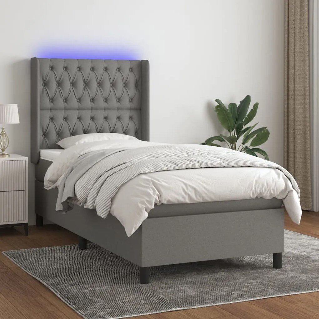 vidaXL Pat cu arcuri, saltea și LED, gri închis, 90x200 cm, textil