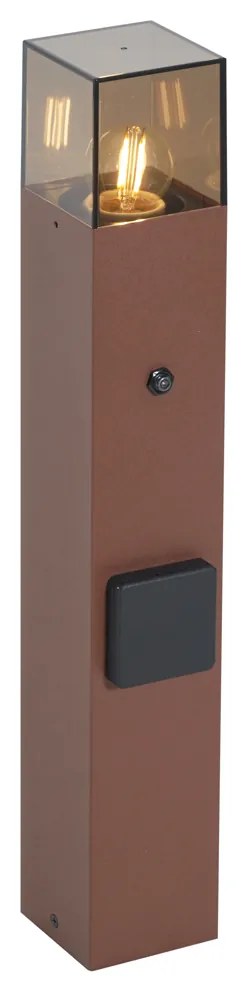 Stâlp de iluminat exterior industrial 'Denmark', maro ruginiu, cu sticlă fumurie, 50 cm, cu senzor de crepuscul