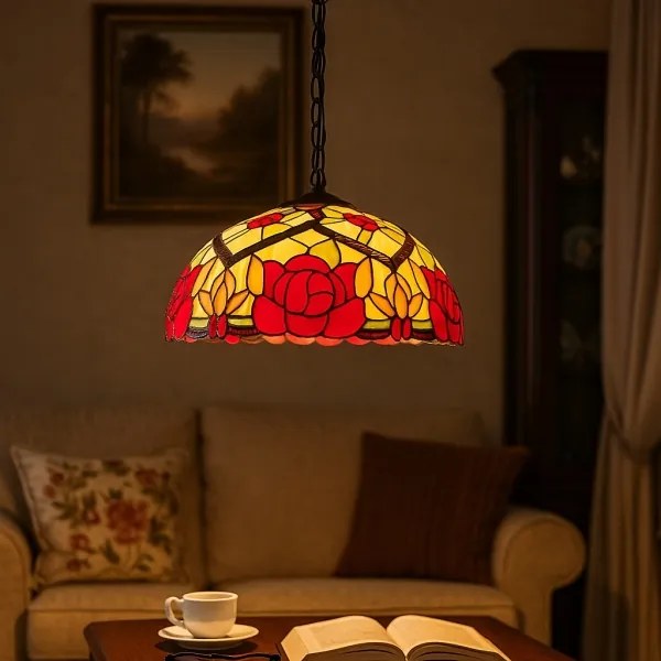 Brilagi - Candelabru Tiffany GARLAN cu vitralii, suspendat pe lanț, 2xE27/60W/230V