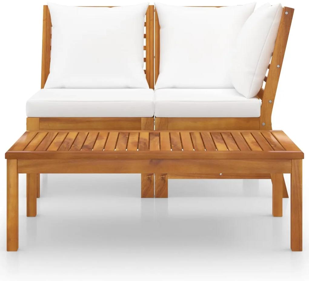 Set mobilier de gradina, 3 piese, perne crem, lemn masiv acacia 1, Alb, Canapea de mijloc + canapea de colt + masuta de cafea