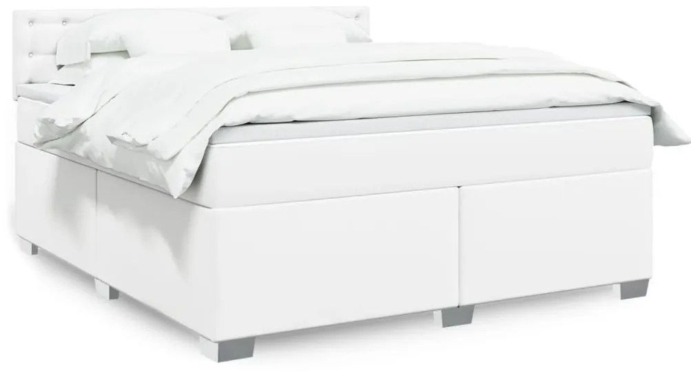 vidaXL Pat box spring cu saltea, alb, 180x200 cm, piele ecologică