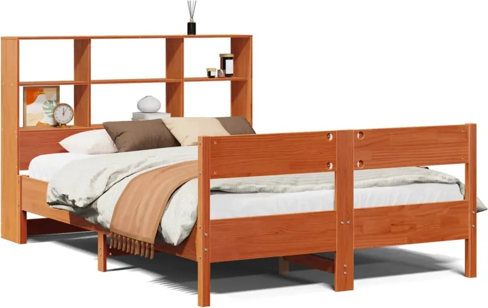 vidaXL Pat cu bibliotecă fără saltea maro 140x190 cm lemn masiv de pin