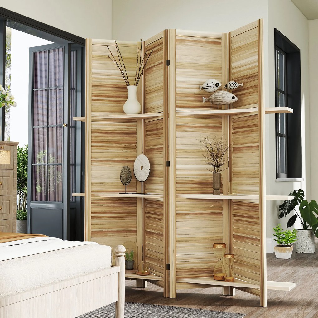 HOMCOM Paravan interior din lemn 4 panouri 160 x 170 cm, separator de cameră pliabil cu 3 rafturi, lemn natural | Aosom Romania