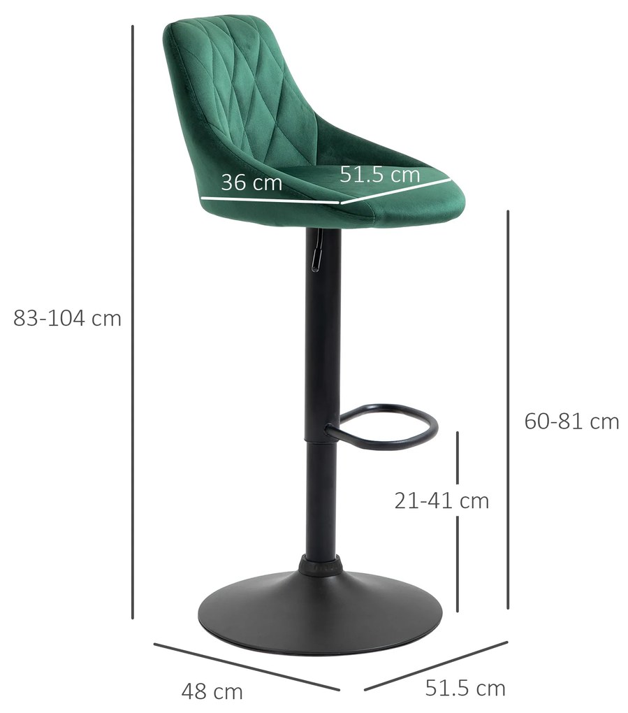 Set 2 Scaune de Bar Pivotante HOMCOM, Efect Catifelat, 51,5x48x83-104cm, Verde | Aosom Romania