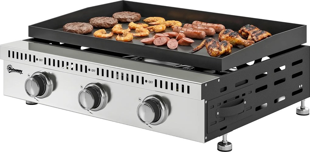 Outsunny Plancha pe gaz 9 kW 3 arzătoare din oțel inoxidabil, suprafață de gătit 56,5 x 33 cm, tavă de colectare a grăsimilor, negru | Aosom Romania
