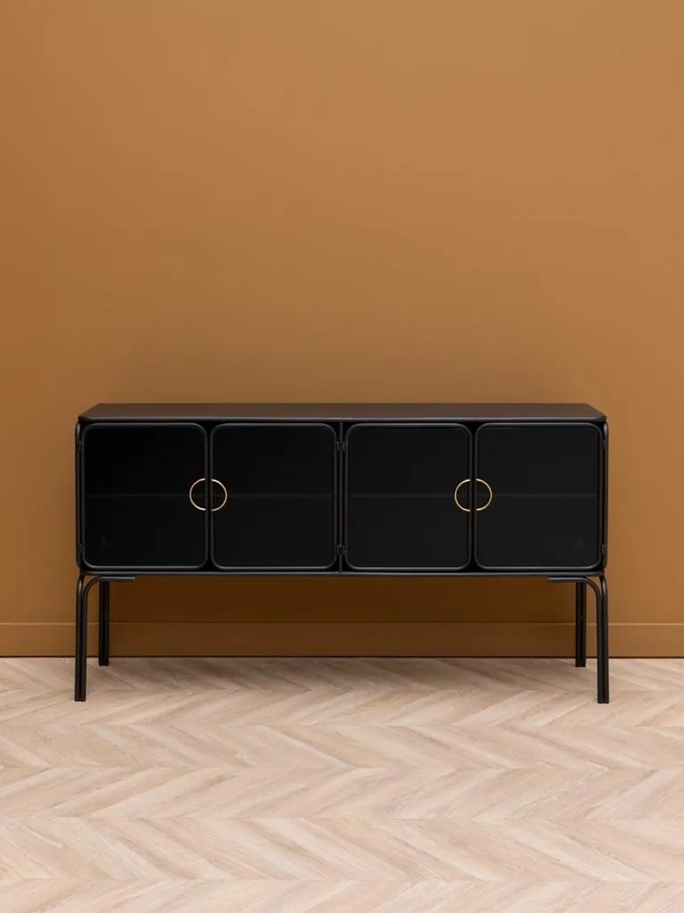 Consolă hol în stil eclectic, din metal și sticlă, negru, cu 4 uși din sticlă fumurie și mânere aurii, 82 x 138 x 38 cm, „Ashbury”