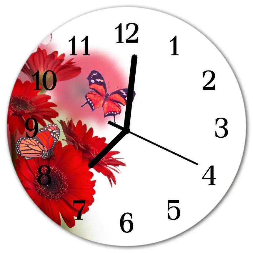 Ceas de perete din sticla rotund Gerbera flori roșii