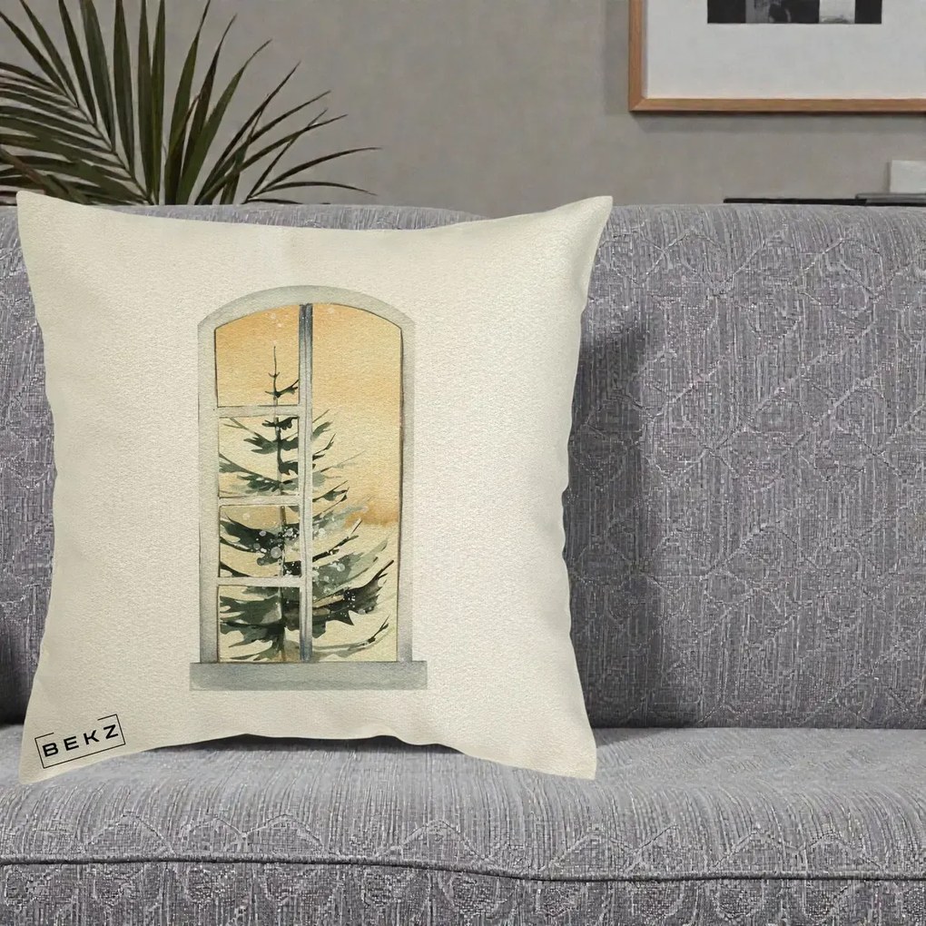 Perna Decorativa Fereastra cu Brad de Iarna, 40x40 cm, Ecru, Husa Detasabila, Perna Inclusa, BEKZ®