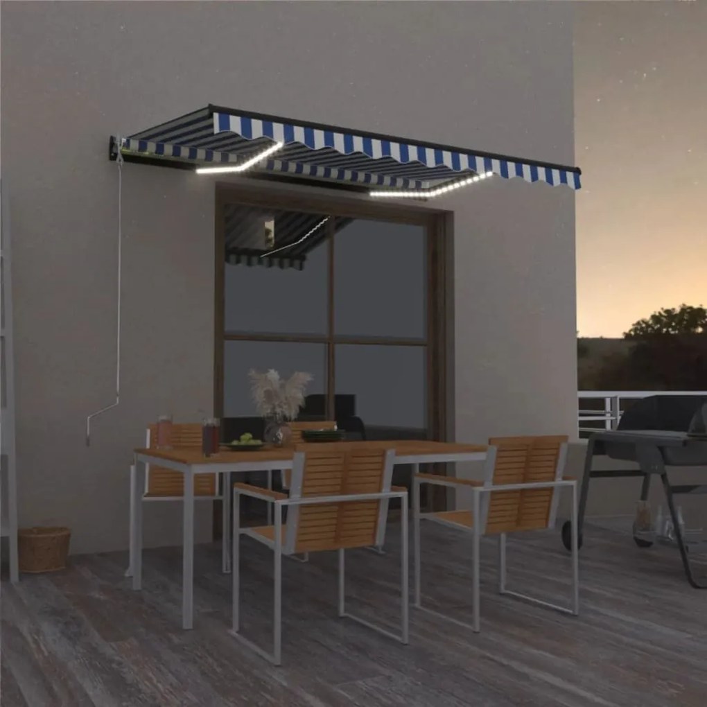 vidaXL Copertină retractabilă manual cu LED, albastru&amp;alb, 400x300 cm