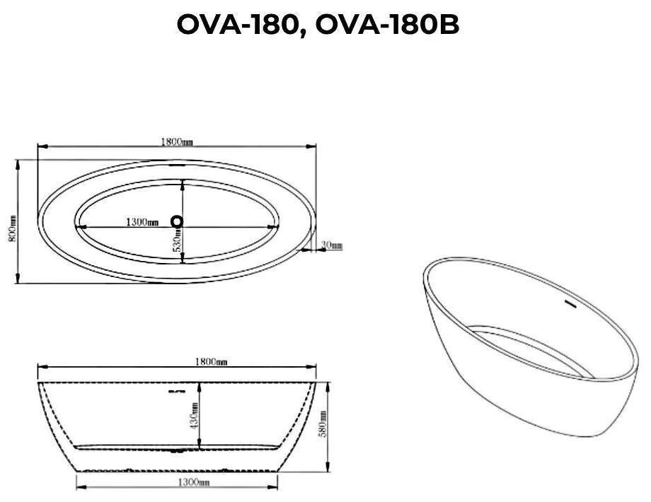 OVAL Cadă de baie freestanding, alb-negru, 180x80x58 cm