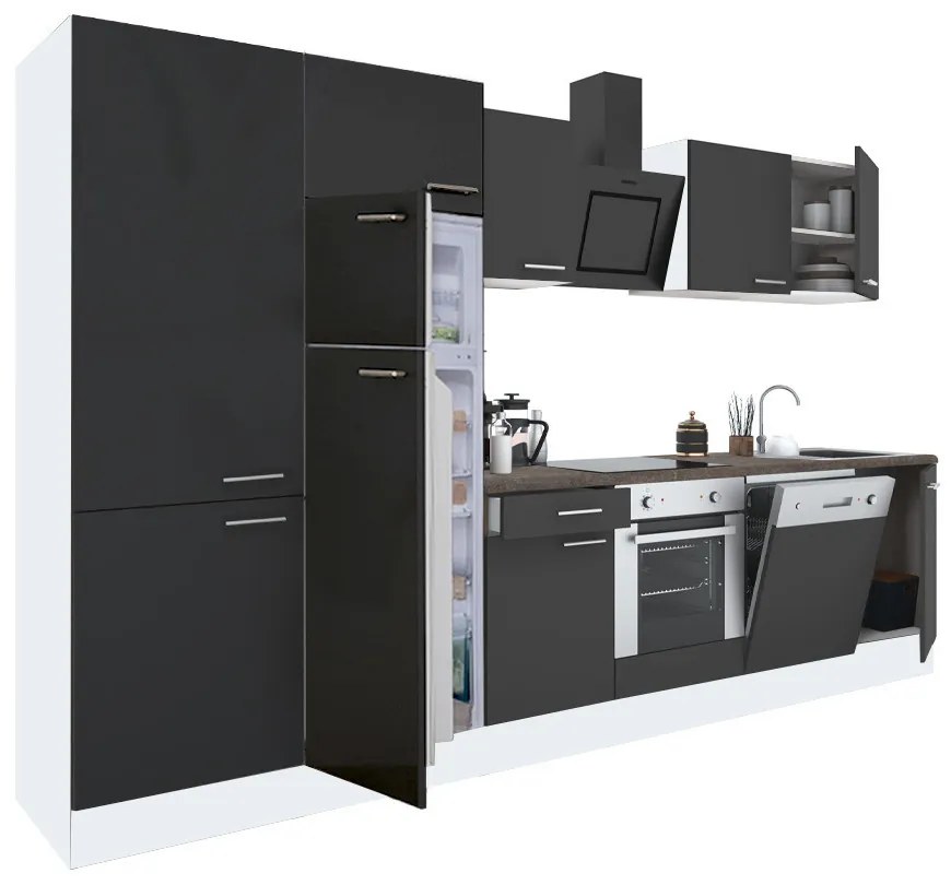 Mobilă de bucătărie Yorki 330, corp alb, față antracit satinat, element cuptor inferior, dulap cu rafturi și frigider cu congelator superior