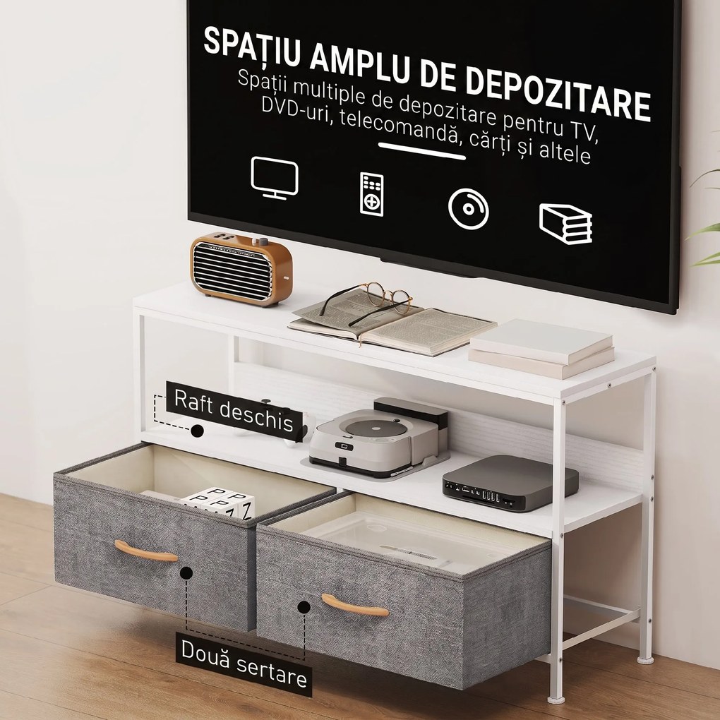 HOMCOM Mobilier TV pentru 47" cu Sertare Pliabile din Material Textil și Raft din Metal și MDF, 98x29x56 cm, Negru | Aosom Romania