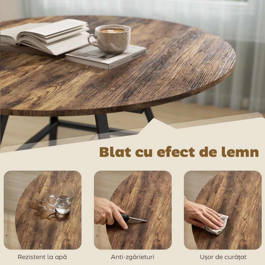 HOMCOM Masă de dining 4 locuri, 100 cm rotundă, bucătărie industrială, poliță de depozitare, maro rustic. | Aosom Romania