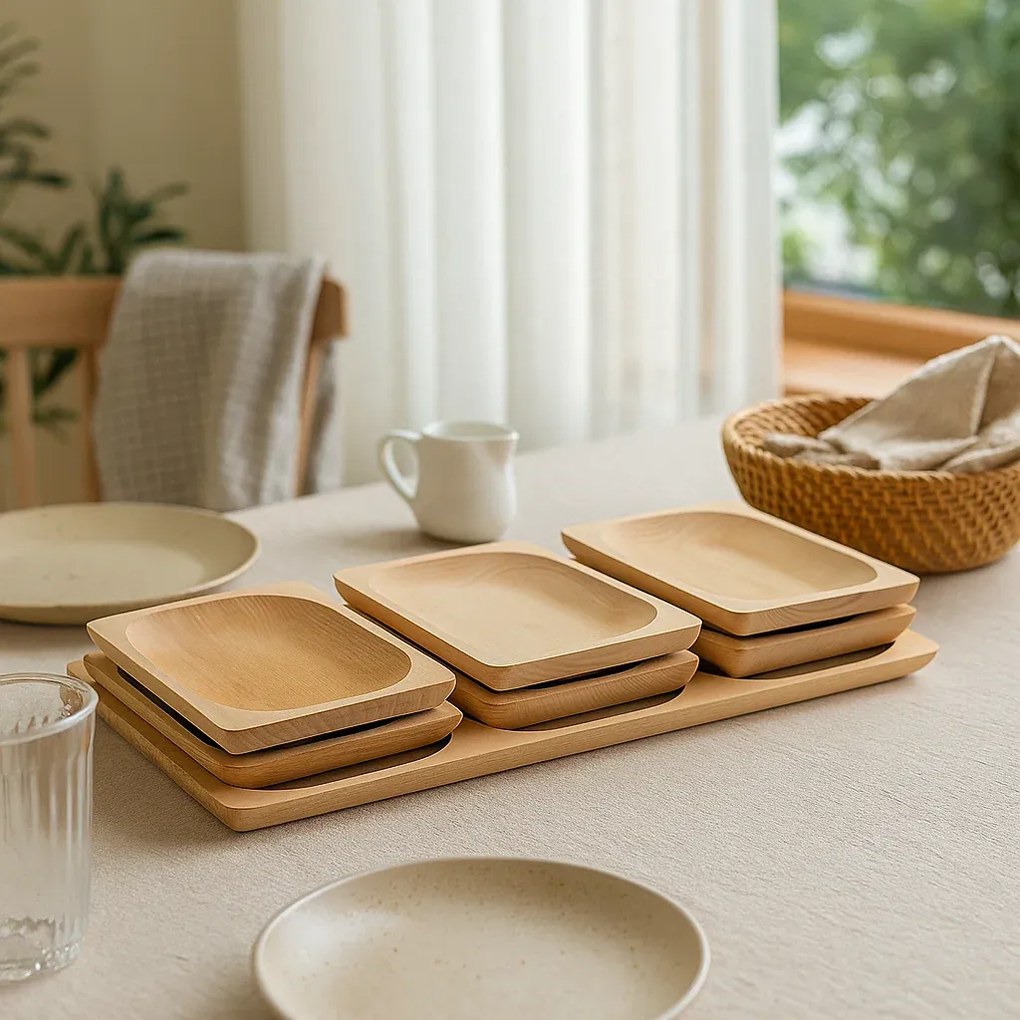 Set Tava din Lemn cu 6 Farfurii pentru Aperitive Lemn de Fag