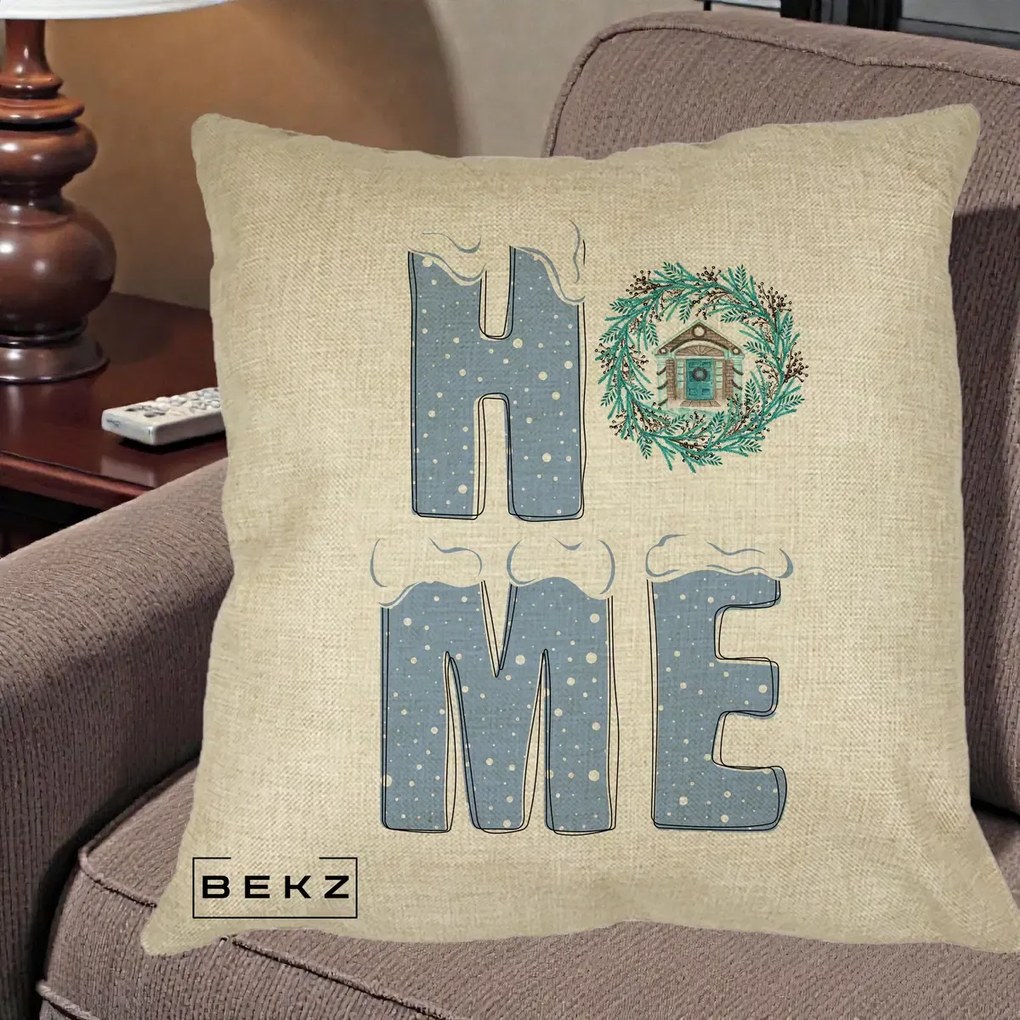 Perna Decorativa HOME Iarna cu Coroana, 40x40 cm, Crem, Husa Detasabila, Perna Inclusa, BEKZ®