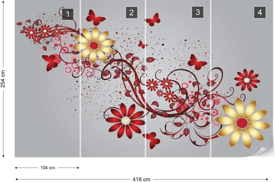 Fototapet GLIX - Red Flowers And Butterflies 2 + adeziv GRATUIT Tapet nețesute - 416x254 cm