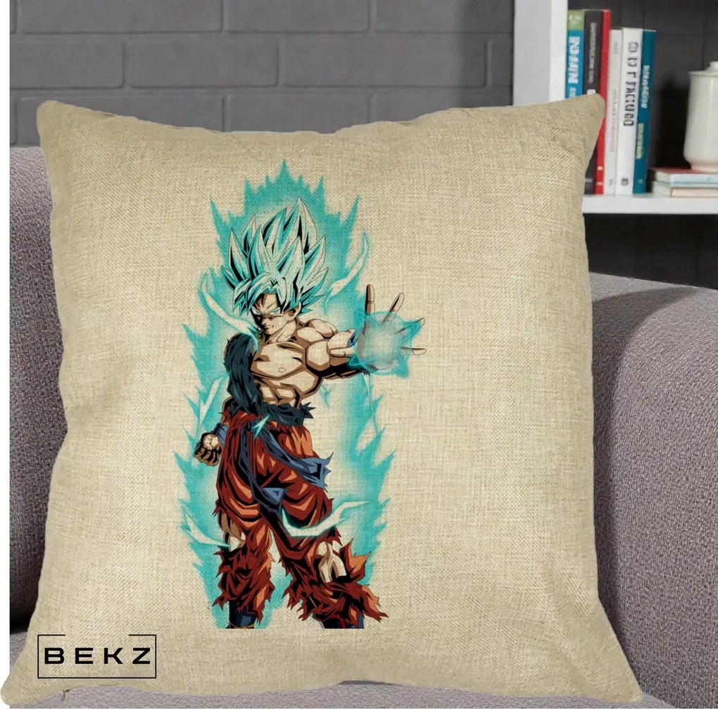 Perna Personalizata Dragon Ball Goku Ultra Instinct Blue, 40x40 cm, Crem, Husa Detasabila, Perna Inclusa, BEKZ®
