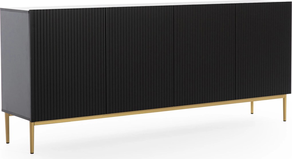 Comodă Nicole 200 cm cu patru uși, fronturi riflate - negru mat / picioare aurii