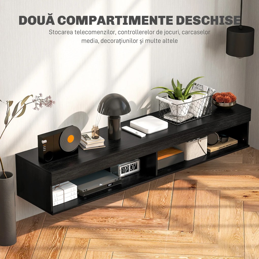 HOMCOM Suport TV Plutitor cu Lumini LED pentru Televizoare de Până la 190 cm, Consolă Media cu Raft de Depozitare, 180x40x30 cm, Negru | Aosom Romania