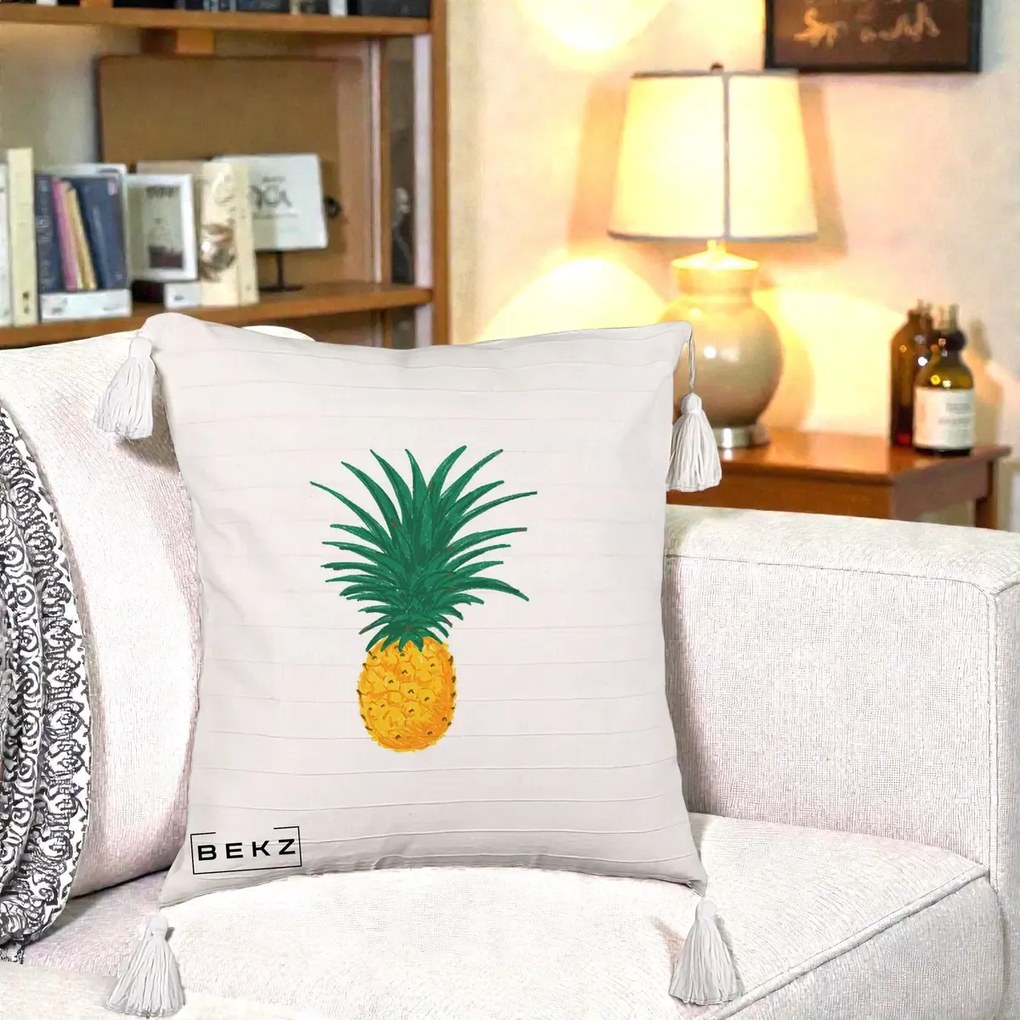 Perna Decorativa Ananas Tropical, 40x40 cm, Bej cu Franjuri, Husa Detasabila, Perna Inclusa, BEKZ®