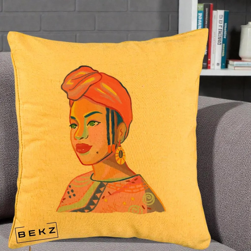 Perna Decorativa Portret Femeie Africana, 40x40 cm, Galben, Husa Detasabila, Perna Inclusa, BEKZ®