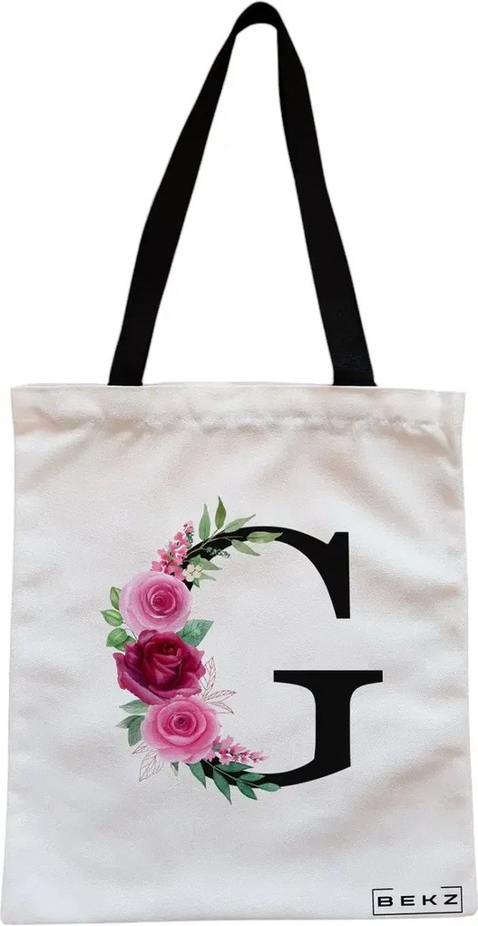Sacosa de Panza pentru Cumparaturi, Geanta Tote, Cu litera G si Trandafiri, Cu fermoar, 38x34.5 cm, Alba, BEKZ®