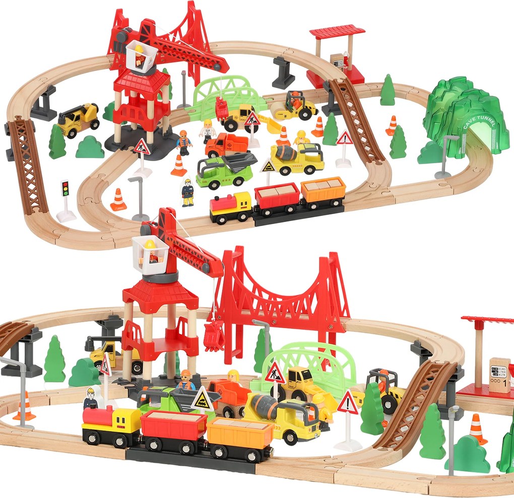 AIYAPLAY Trenuleț din lemn pentru copii 3+ ani, 91 piese, cu macara, șine, vehicule și figurine, multicolor | Aosom Romania