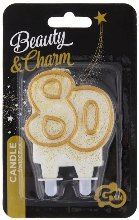 Colorat Gold Lumânare aniversară 80 cu sclipici auriu, lumânare cifră