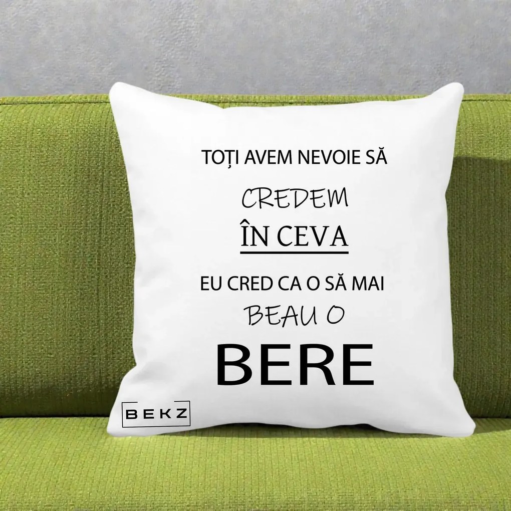 Perna Decorativa Eu Cred ca mai Beau o Bere, 40x40 cm, Alba Mata, Husa Detasabila, Perna Inclusa, BEKZ®