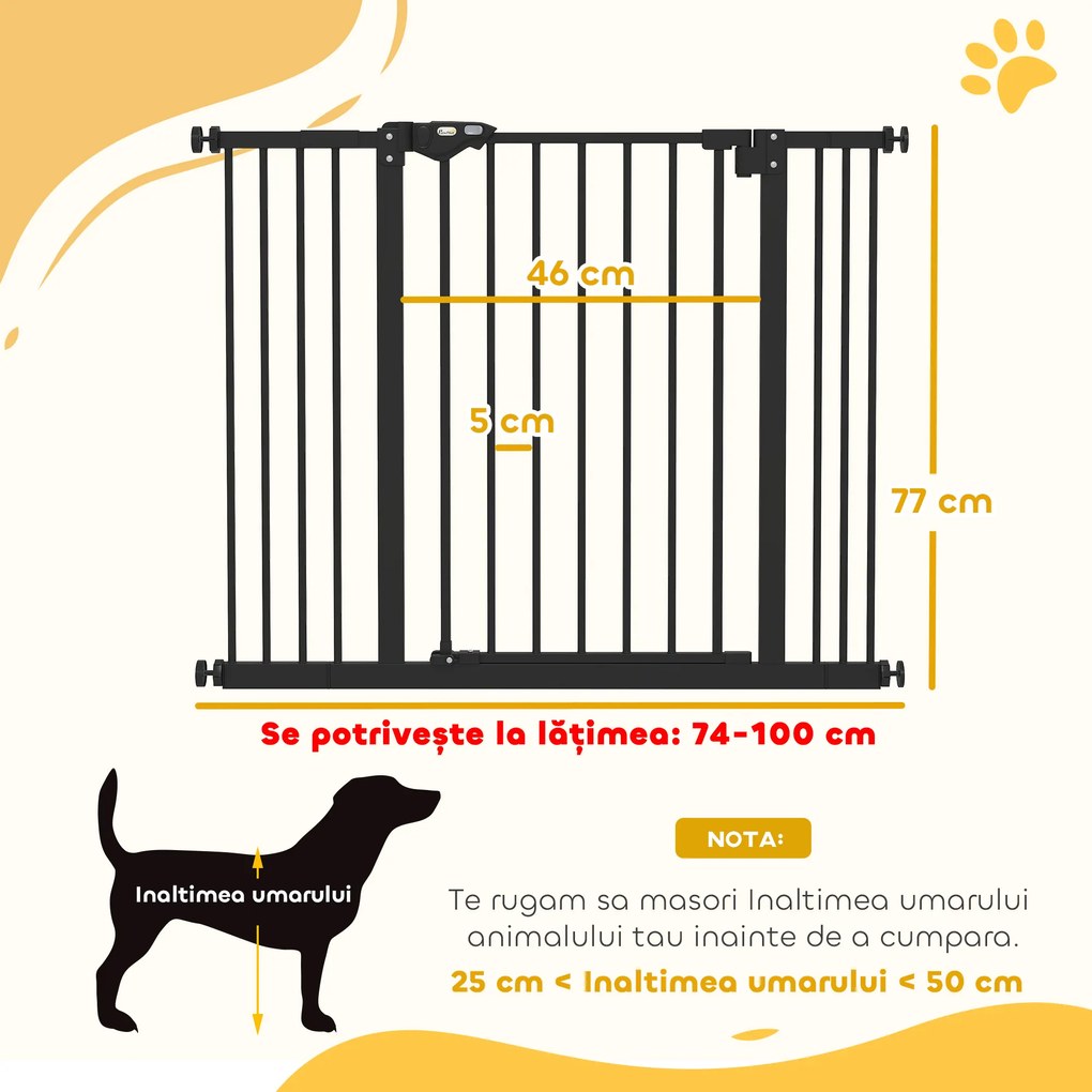 PawHut Poartă Extensibilă pentru Câini fără Șuruburi, Poartă de Siguranță Reglabilă cu 2 Extensii, 68x72 cm, Negru | Aosom Romania