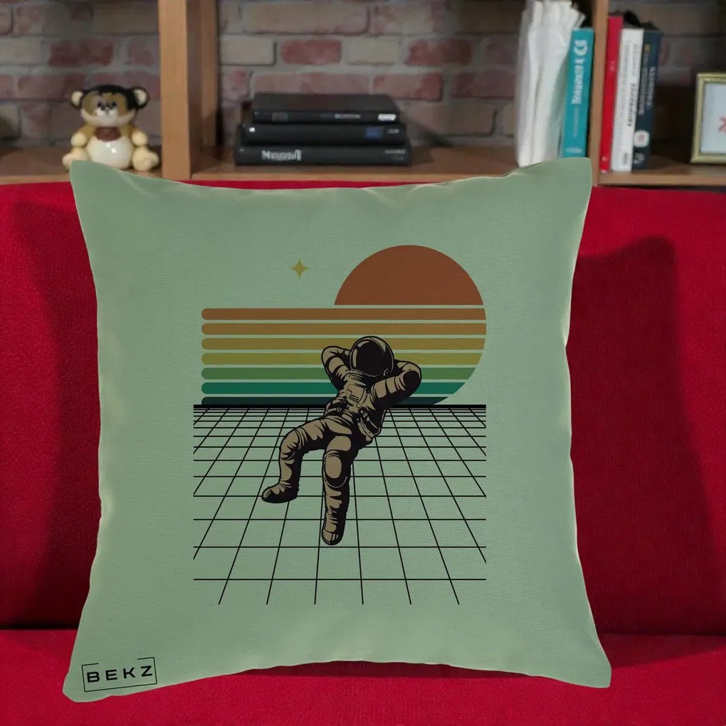 Perna Decorativa Astronaut Retro Space, 40x40 cm, Verde, Husa Detasabila, Perna Inclusa, BEKZ®