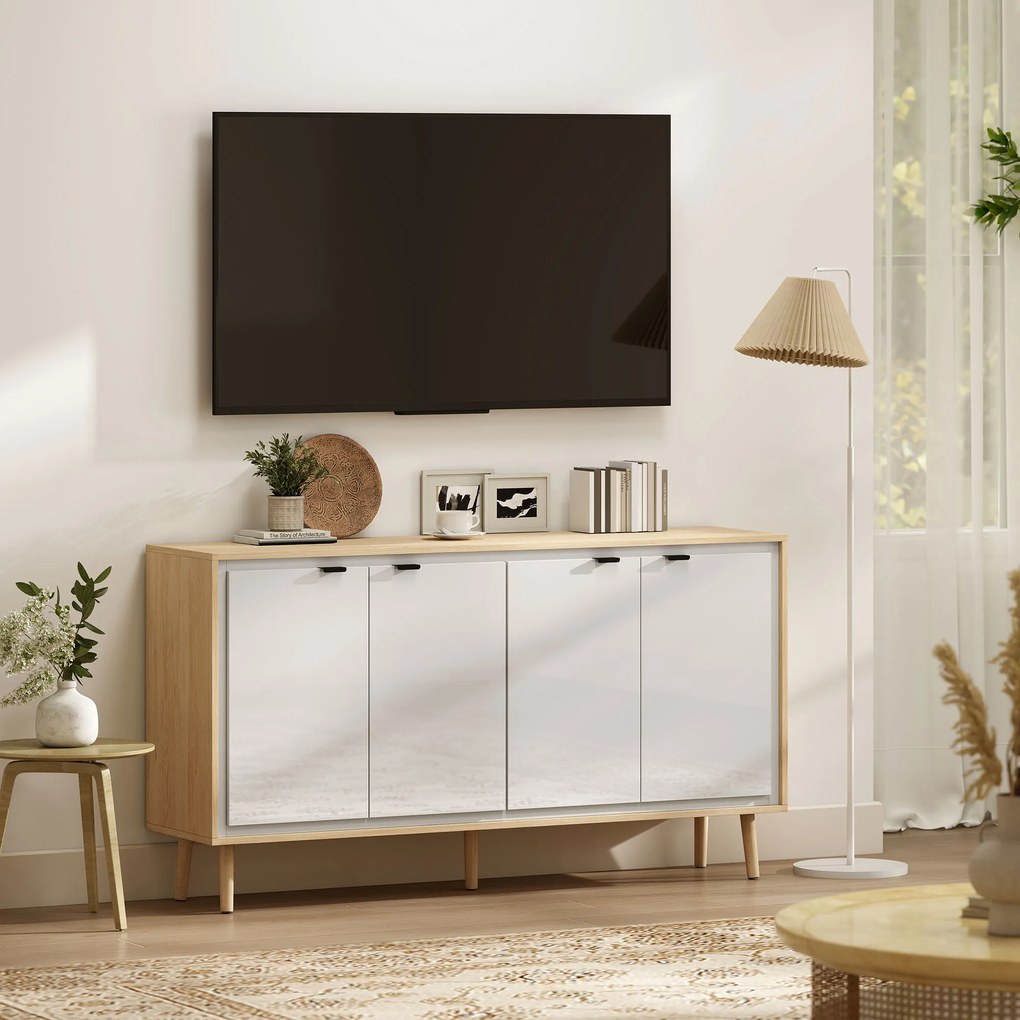 HOMCOM Bufet Modern cu 4 Uși și Raft Reglabil 141x35x77cm Alb și Stejar | Aosom Romania