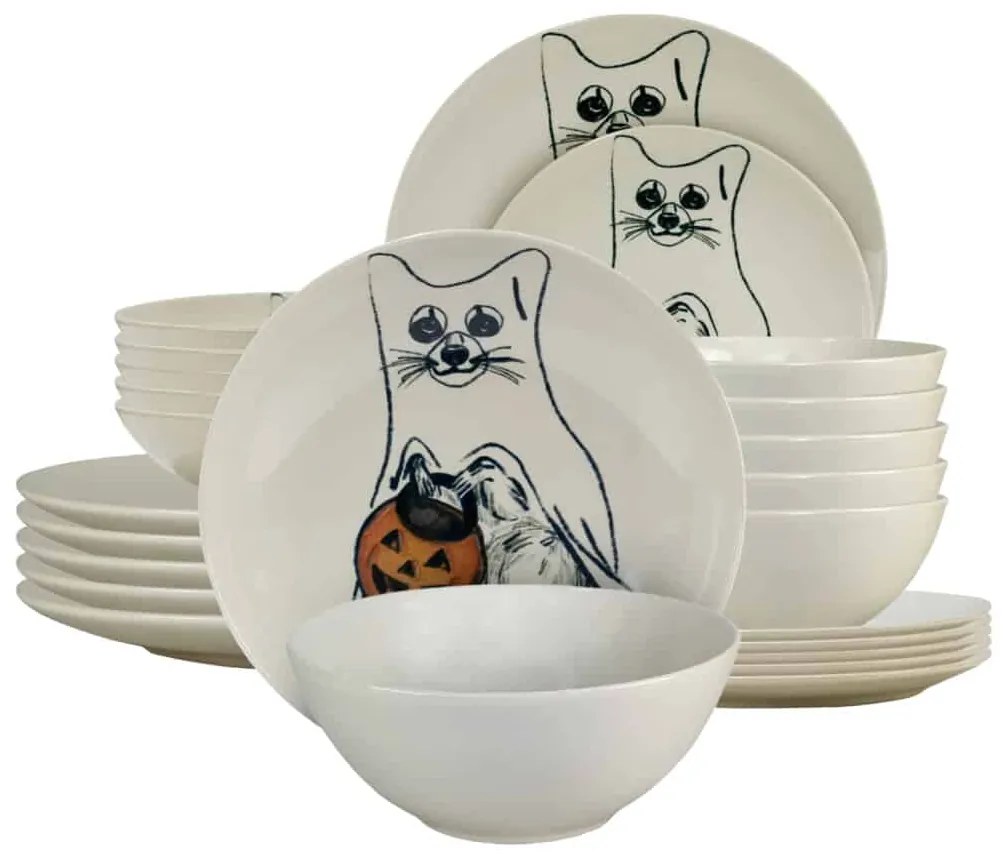 Set Complet Serviciu De Masa Pumpkin Cat 24 piese, Ivoire cu Pisica