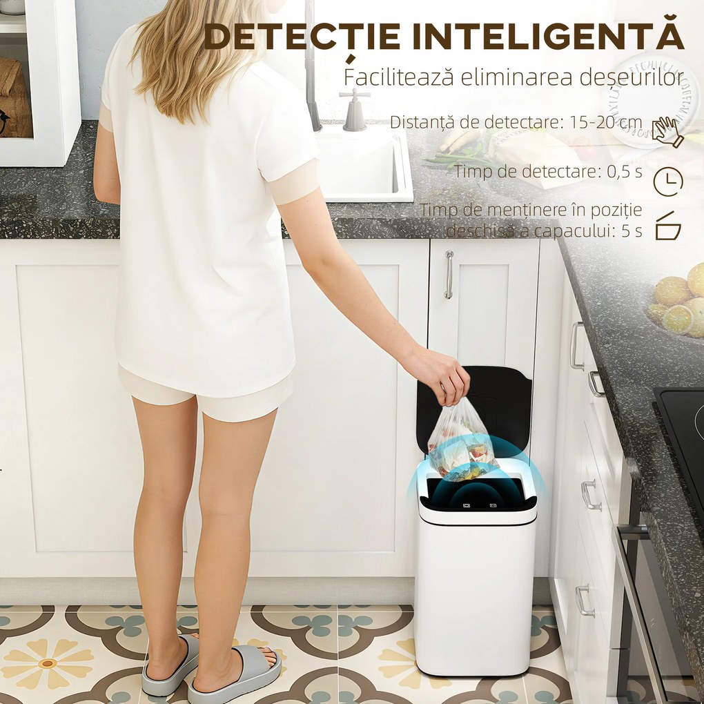 HOMCOM Coș de Gunoi de 13L cu Senzor și Spațiu pentru Deodorante, Coș din Oțel Galvanizat și PP, 24x24x41 cm, Alb și Negru | Aosom Romania