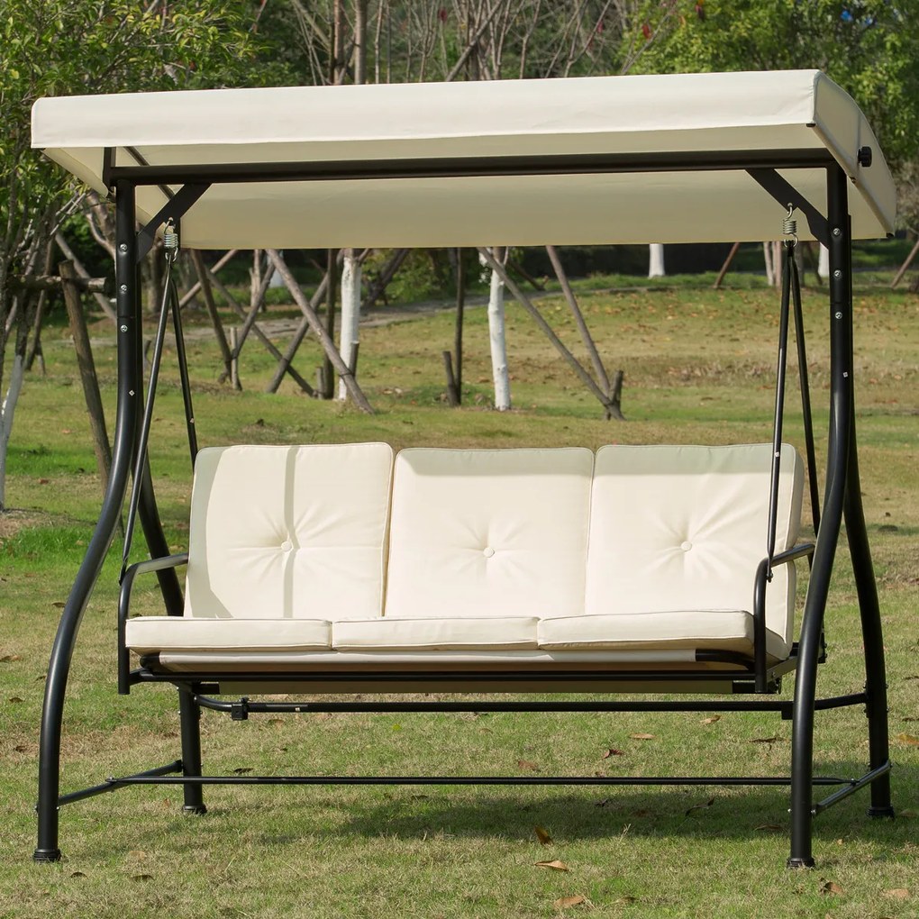 Outsunny Leagan Recliner de Gradina Terasa cu Acoperis Parasolar pentru 3 Persoane, 196 x 117 x 178cm Crem | Aosom Romania