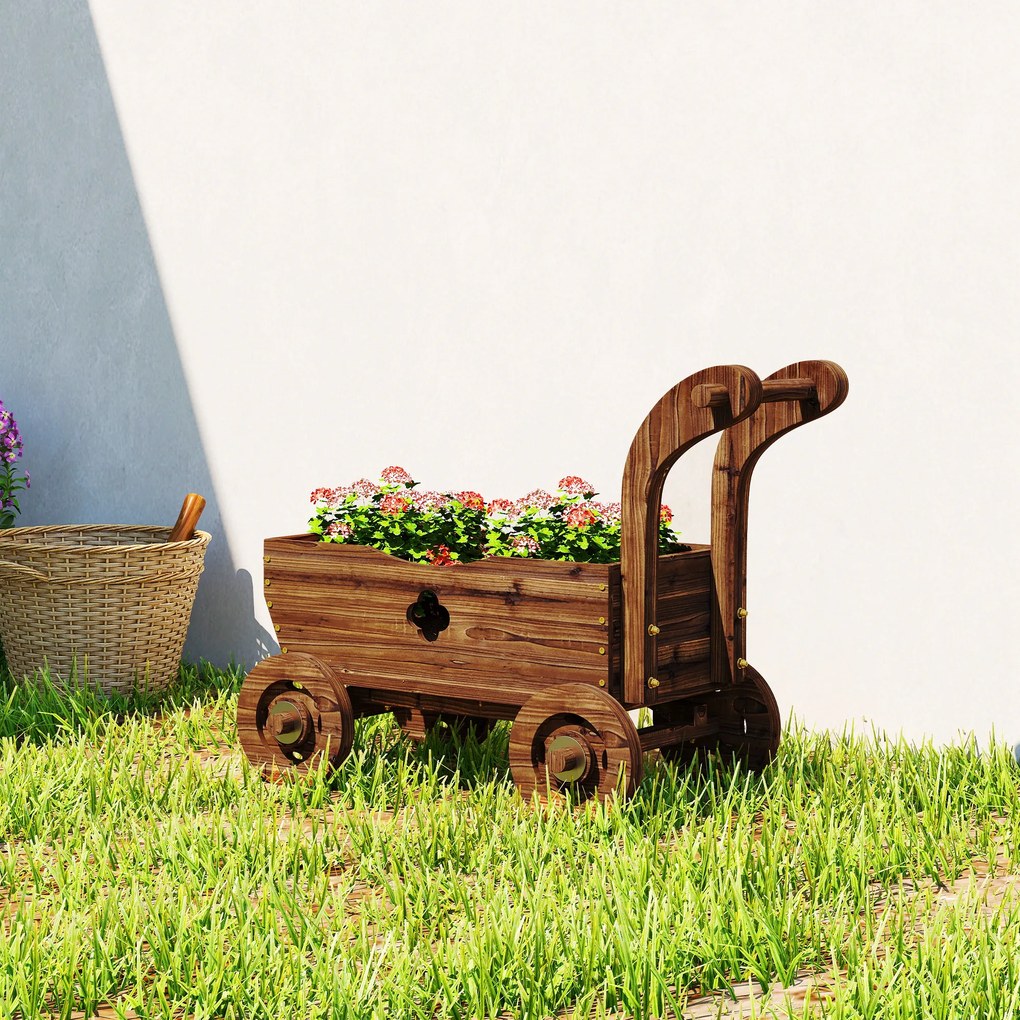 Outsunny Strat Înălțat pentru Grădină în Formă de Cărucior cu 4 Roți și Mâner, Ghiveci din Lemn de Molid cu Găuri de Drenaj, pentru Balcon, Terasă, 68x38x52 cm, Finisaj Carbonizat | Aosom Romania